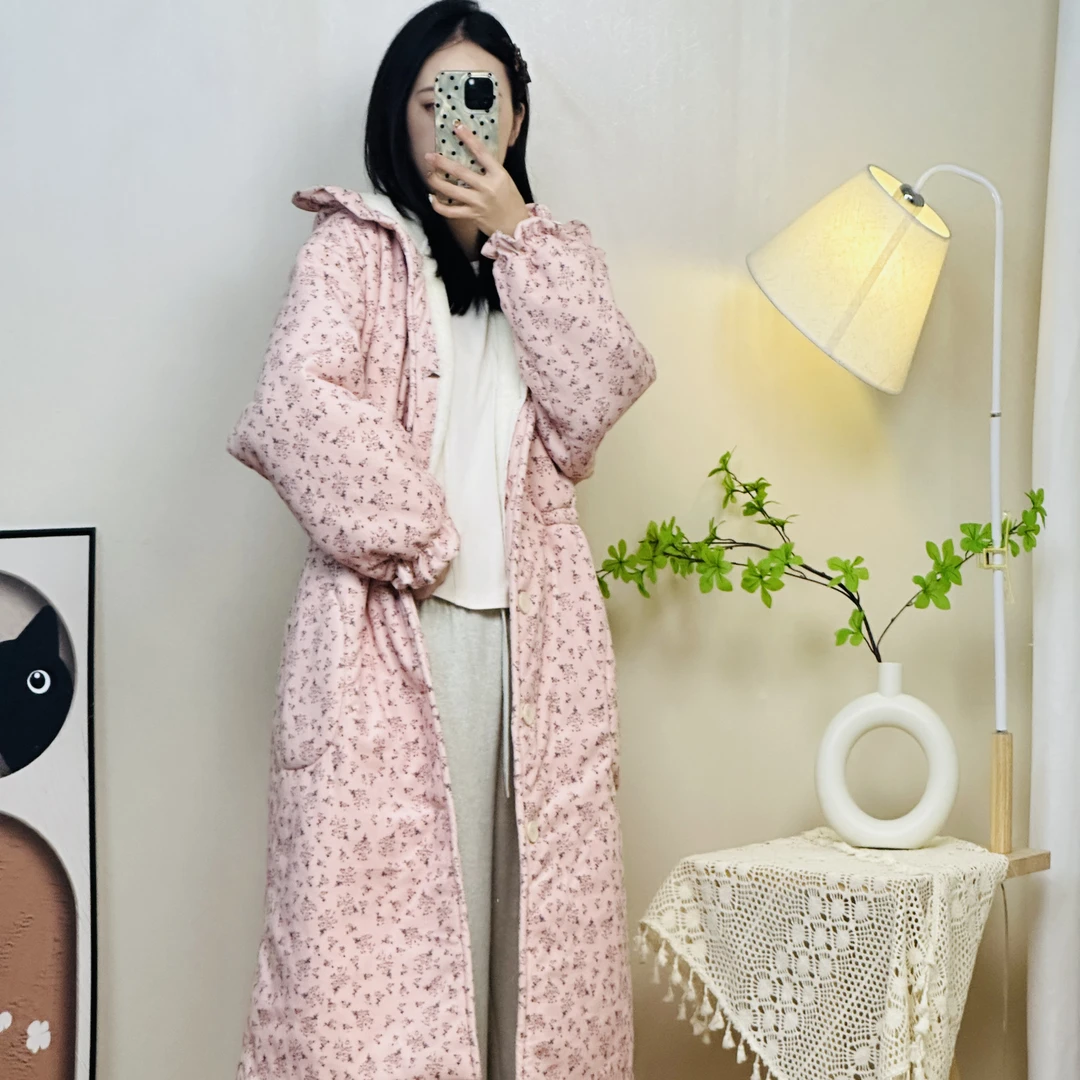 【连帽小碎花】女士外穿保暖睡衣三层加绒加厚夹棉家居服中长款过膝