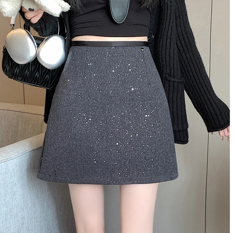 大码小香风亮片半身裙女显瘦高腰a字裙防走光毛呢短裙冬亮晶晶裙