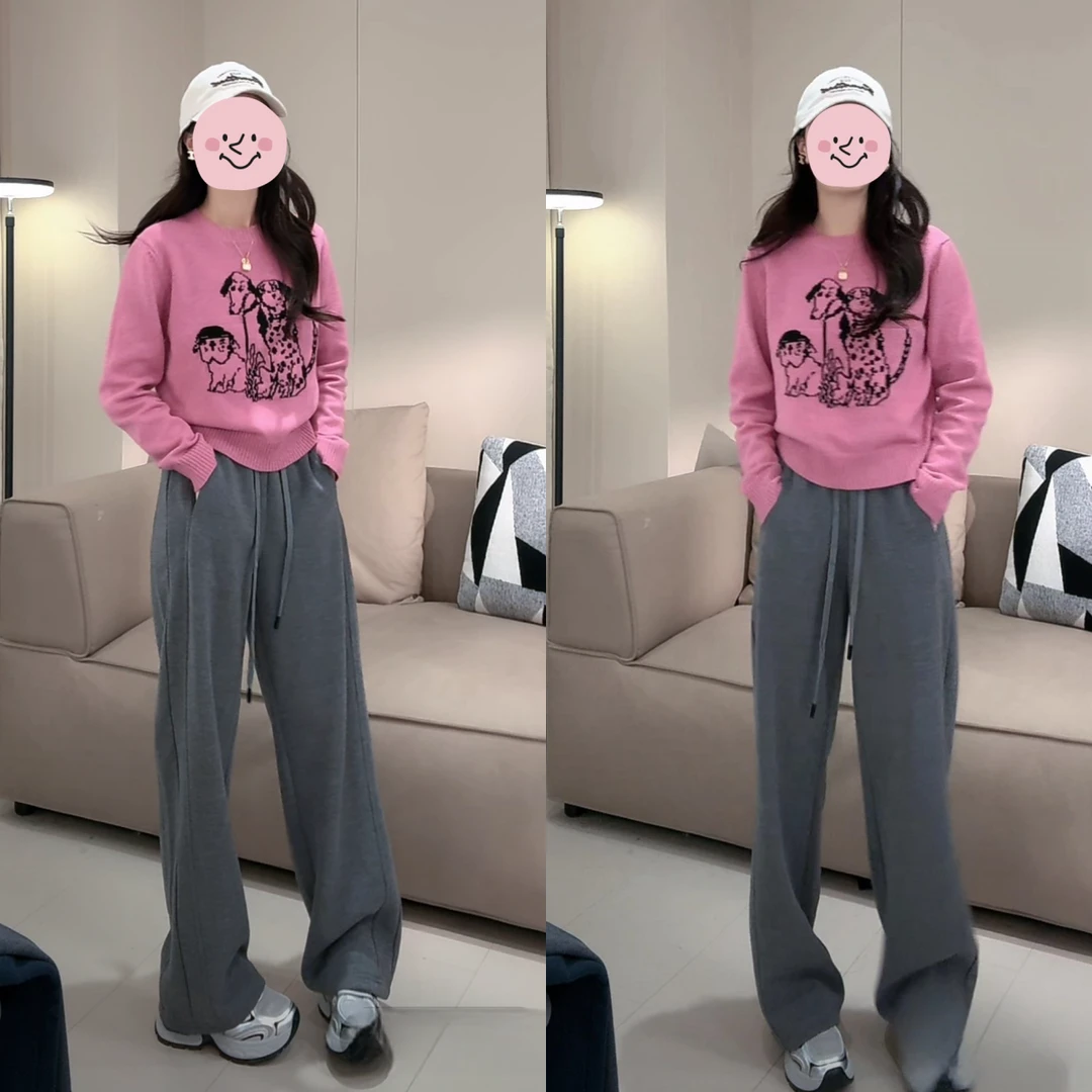 1048 网红圆领套头长袖毛衣宽松针织上衣减龄卡通小狗阔腿裤子
