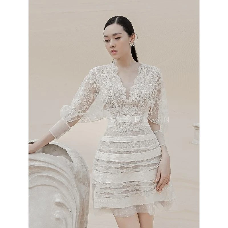 越南小众设计师品牌春夏新品蕾丝刺绣仙女裙网纱清新连衣裙A012