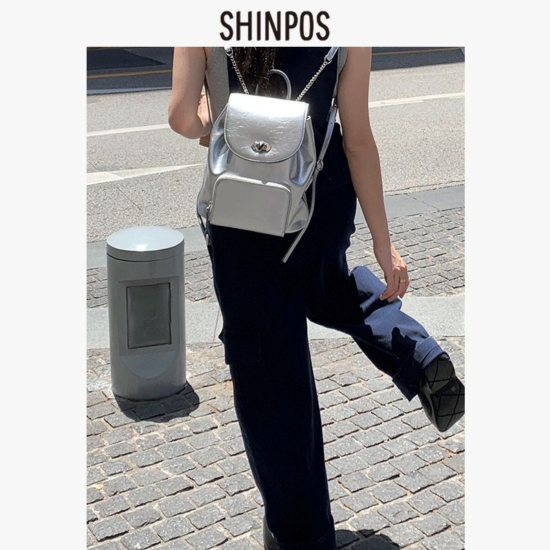 shinpos一般无趣纳福袋银色大容量双肩包单肩手提托特水桶包女款