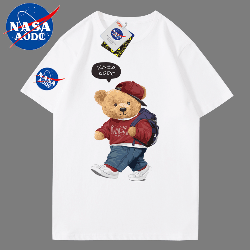 NASAAODC联名纯棉男短袖T恤宽松大码情侣装半袖上衣服国潮小熊