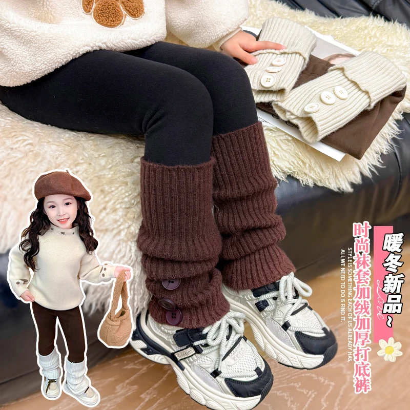 女童秋冬季加绒加厚打底裤子2025新款儿童保暖拼接袜套裤子宝宝款