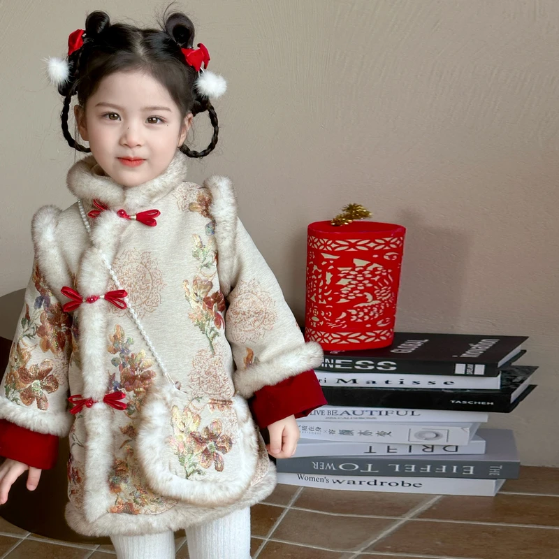 拜年服女童汉服冬季儿童旗袍过年喜庆衣服女宝唐装超仙裙子新年装