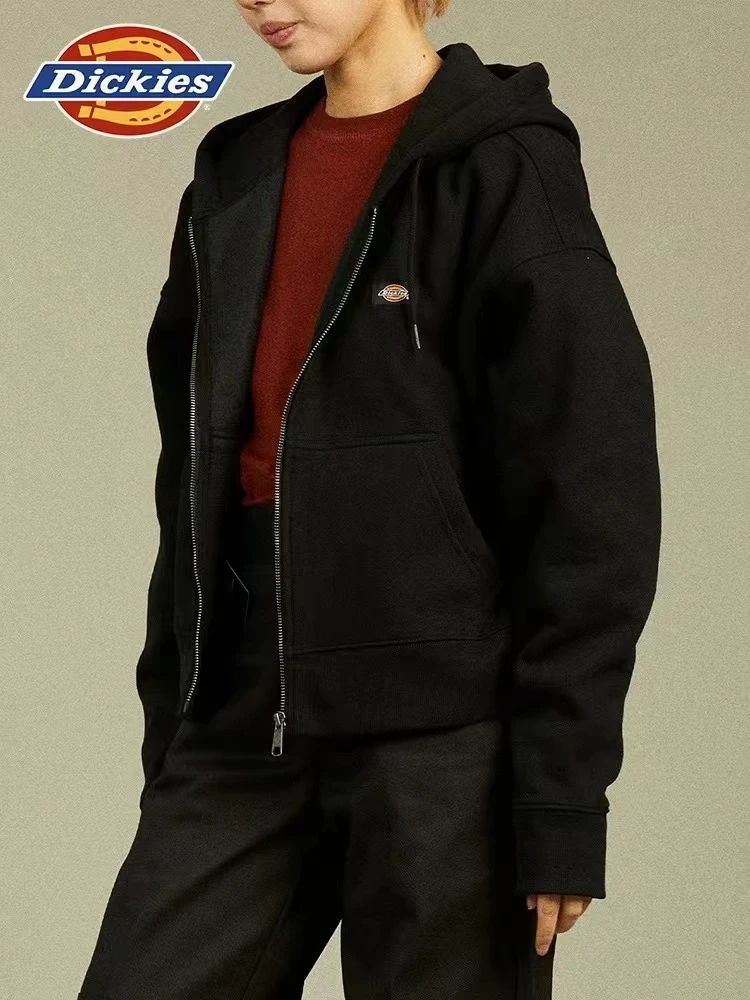 Dickies 女款小Logo拉链连帽抽绳直筒加绒短款卫衣DK012346