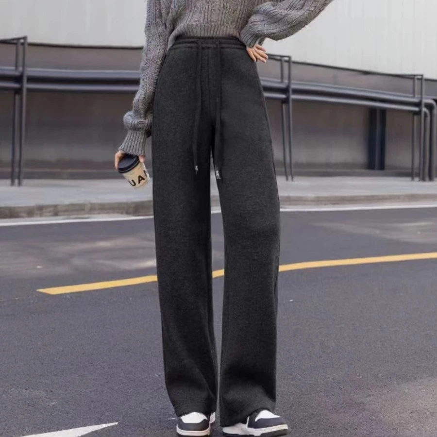 【诗菡服饰】2023冬季新款纯色系带时尚显瘦直筒阔腿休闲裤  5820