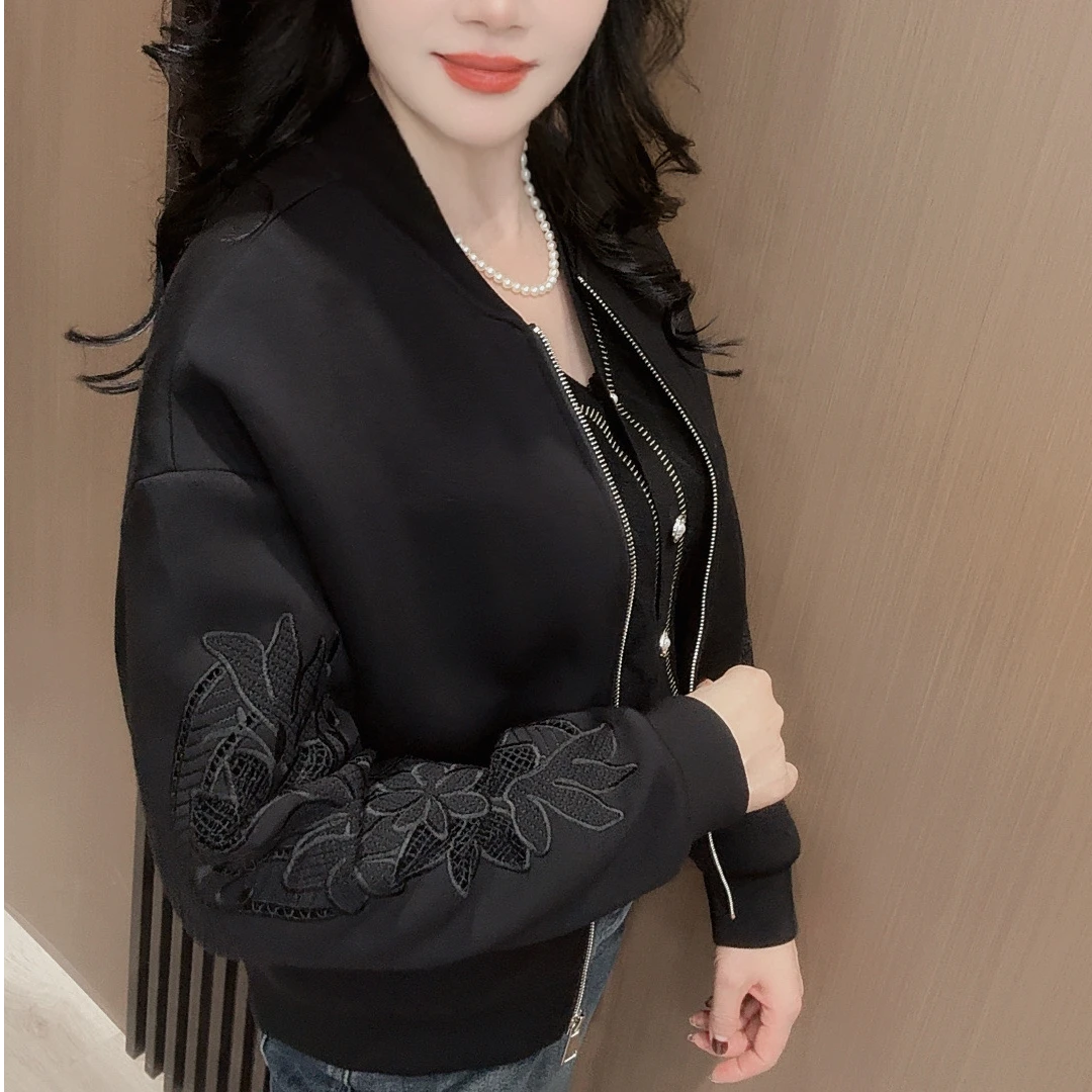 【诗菡服饰】2024秋季新款休闲镂空花袖外套百搭显瘦拉链上衣 8068