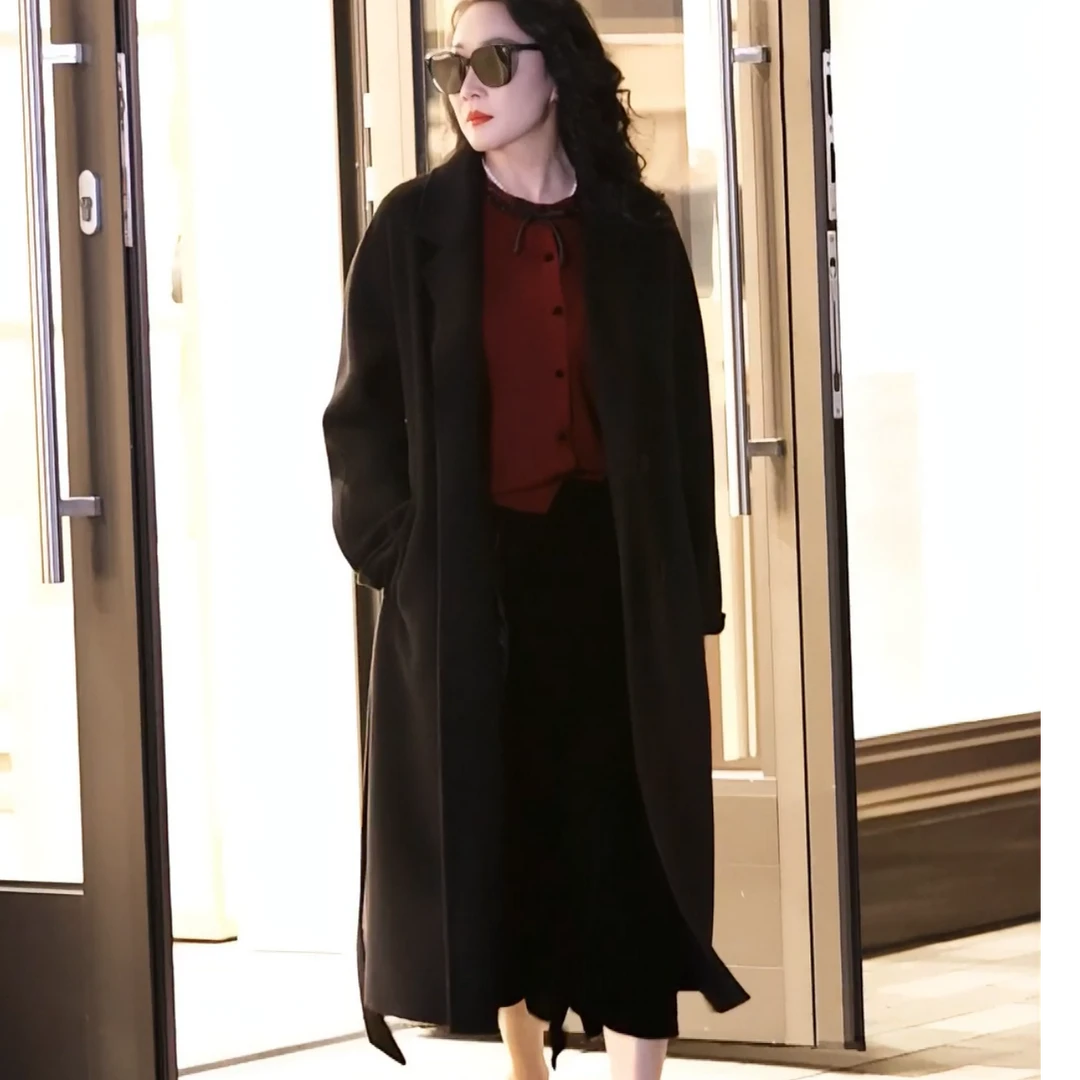 【诗菡服饰】2024秋冬新款高级感黑色绵羊毛大衣收腰毛呢外套S689
