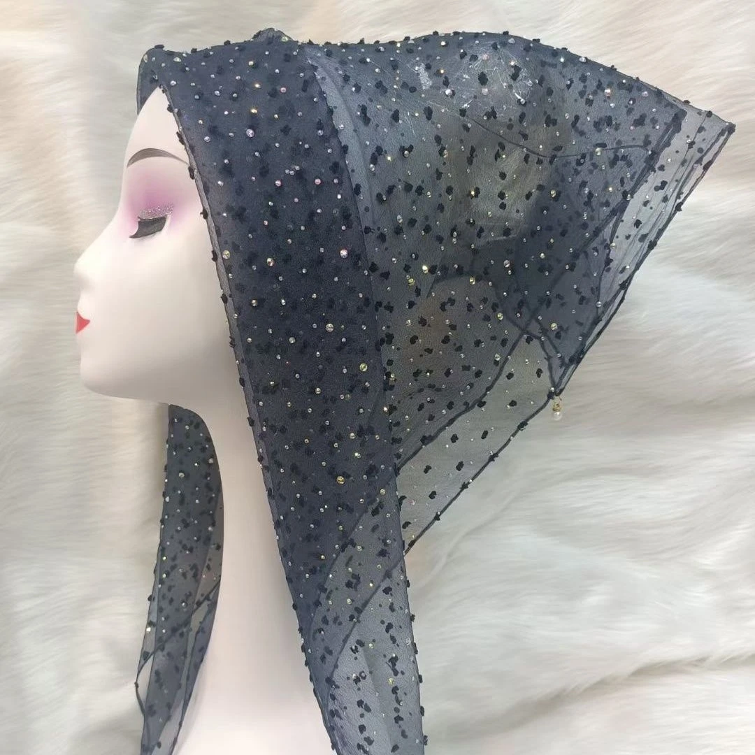 新款爆款带真烫钻的休闲透气泡泡纱正方形头巾边角带珠子的款