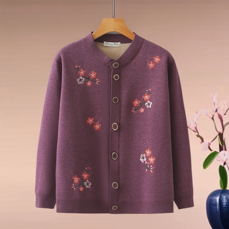 老年人秋冬款毛衣女老太太加绒保暖上衣针织打底开衫奶奶长袖外套