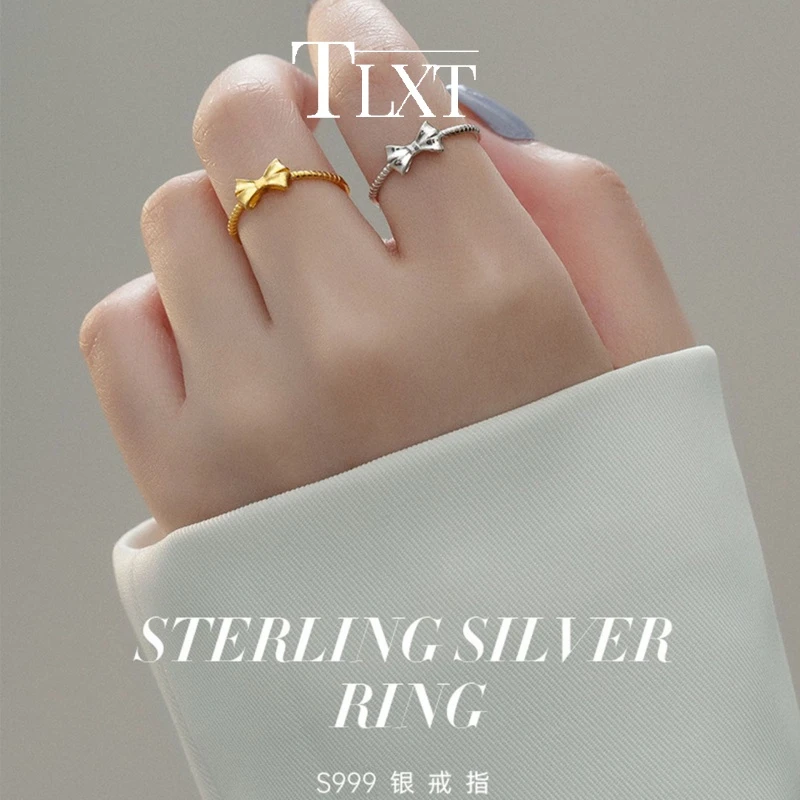 TLXT 足银戒指 S999纯银戒指清新甜美高级感蝴蝶结女戒学生活口戒