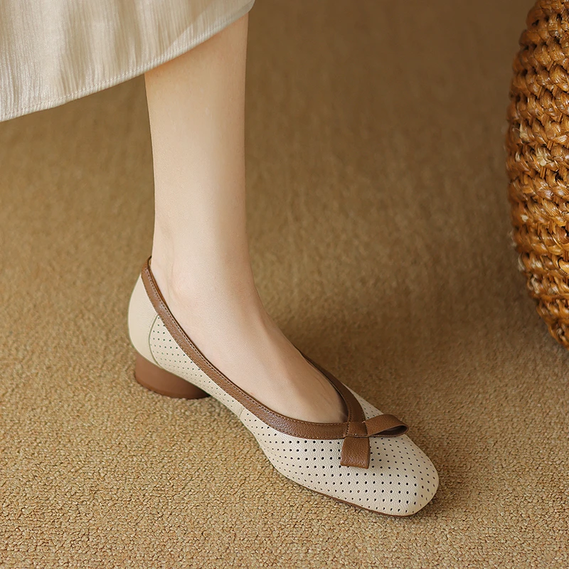 羊皮版真皮洋气浅口拼色蝴蝶结低跟软底单鞋女夏季新款镂空女鞋