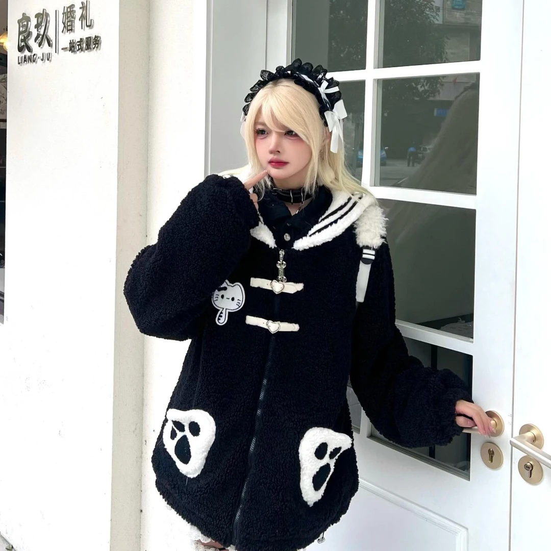 次时代/原创可爱海军领羊羔绒棉衣外套女宽松2024年新款软妹棉服