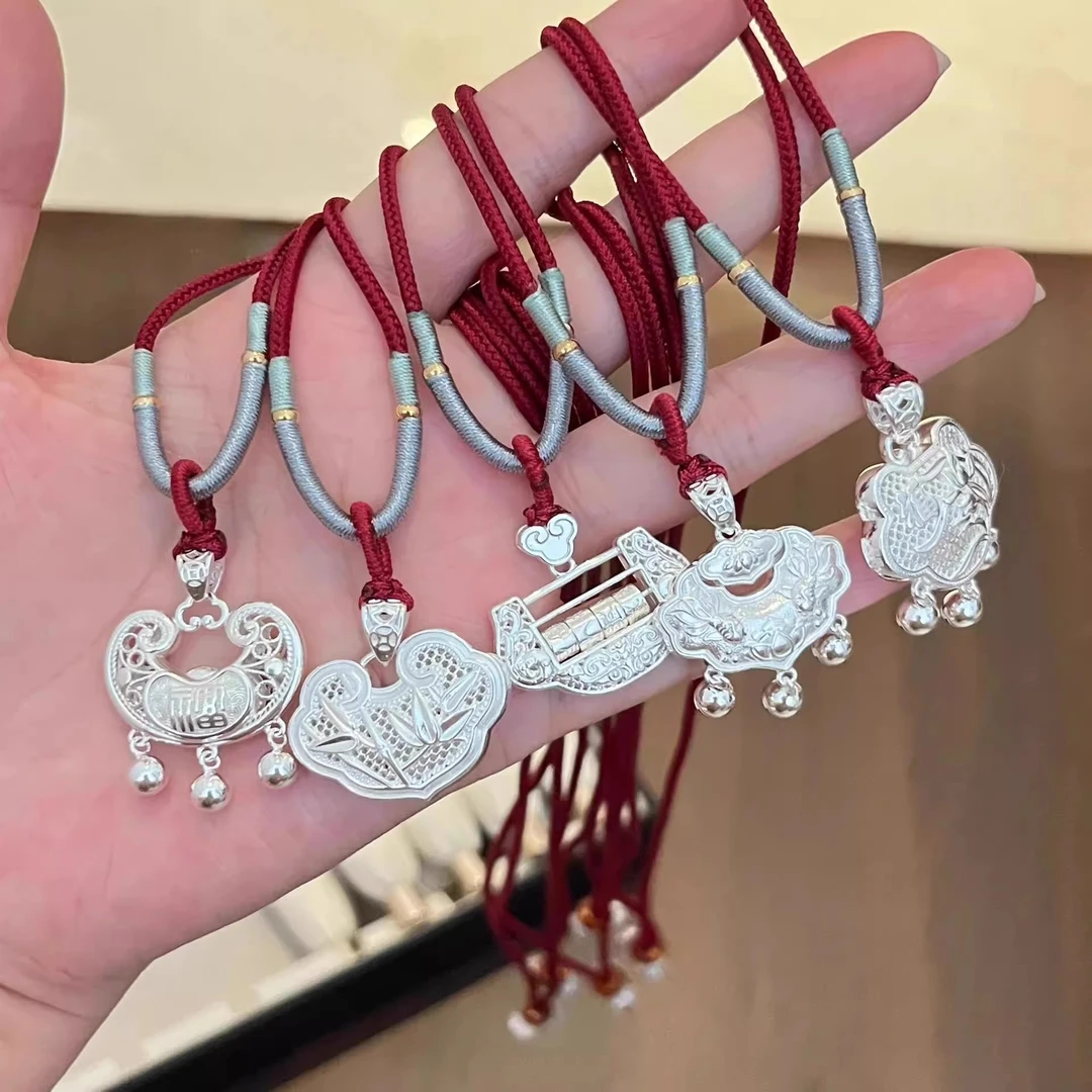 吊坠足银 足银999新中式成人长命锁实心小众宝宝平安锁女生日送礼