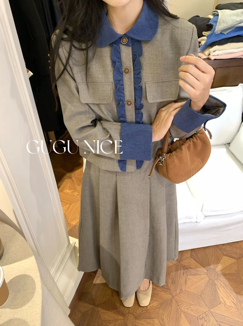 【古古】09.14 撞色翻领香风秋装搭配韩版气质外套半身裙套装G24936