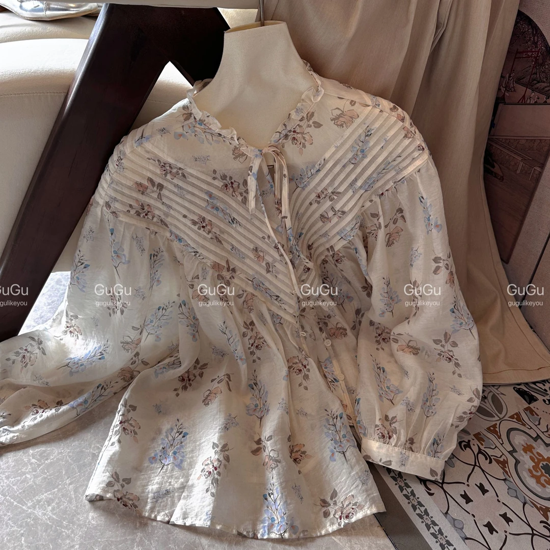 【古古】【缱绻时光】可以打开当防晒的压褶莱赛尔纤维印花衬衫G24033