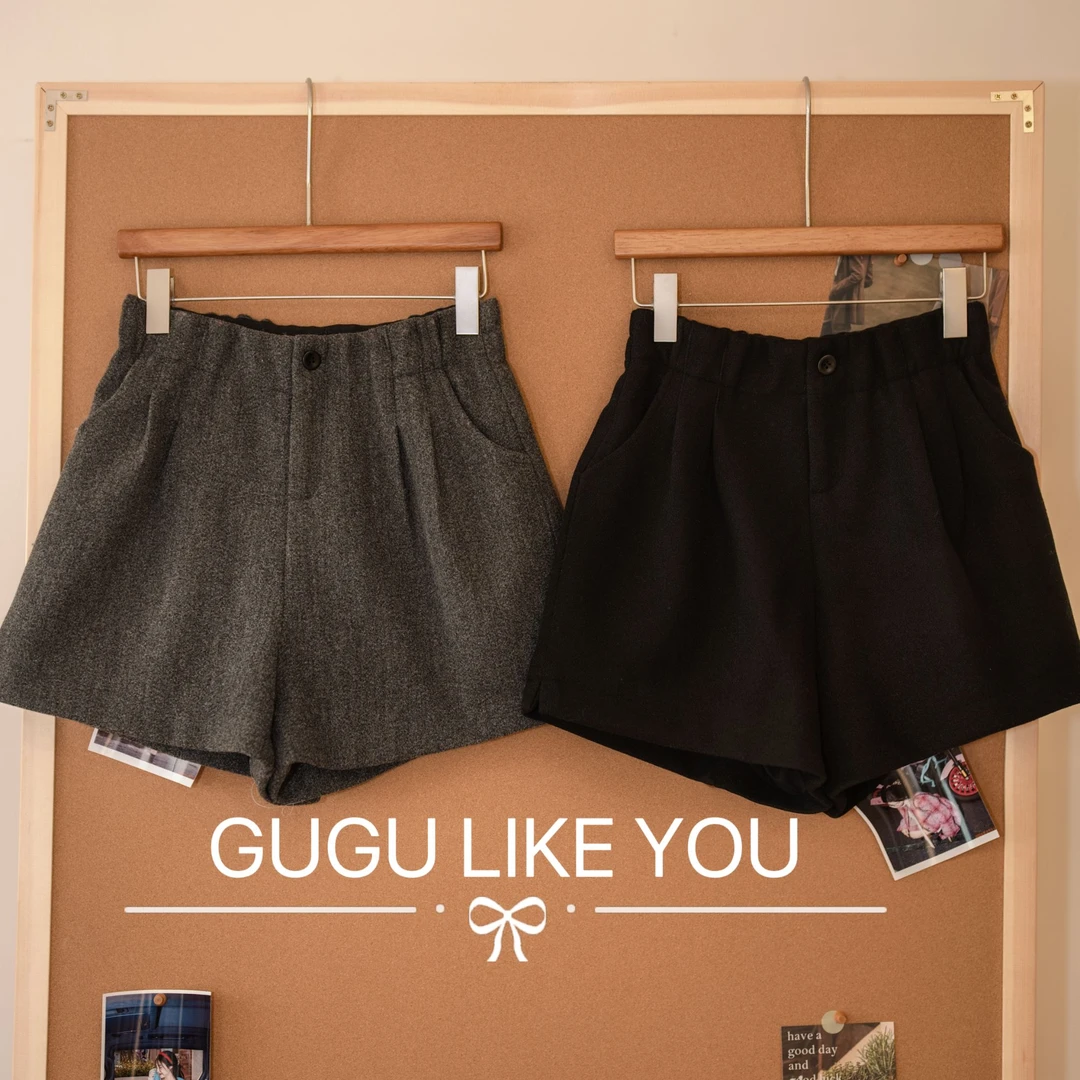 【古古】【花苞尼短裤】高腰显瘦百搭松紧腰休闲阔腿短裤G24288