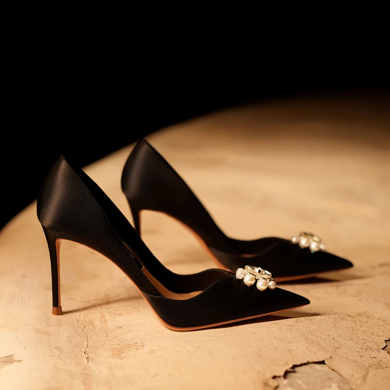 【珍珠密匙】独女气质黑色真丝高跟鞋女细跟2025新款宴会浅口单鞋子
