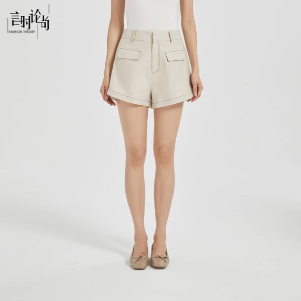 言时论尚24夏季新款亚麻高腰设计感短裤