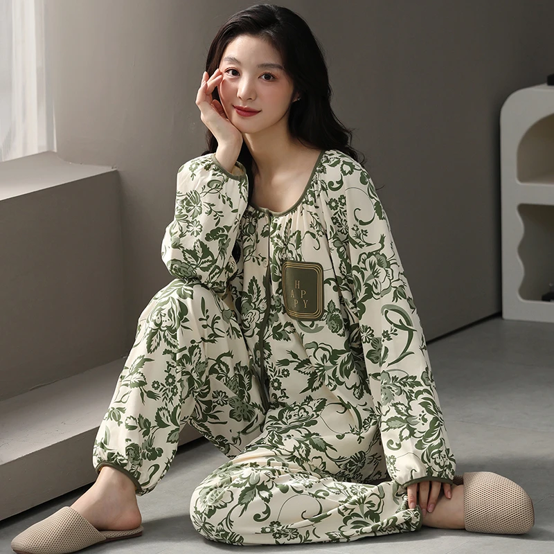 89894春秋季纯棉睡衣女士高品国潮新中式睡衣长袖长裤家居服套装