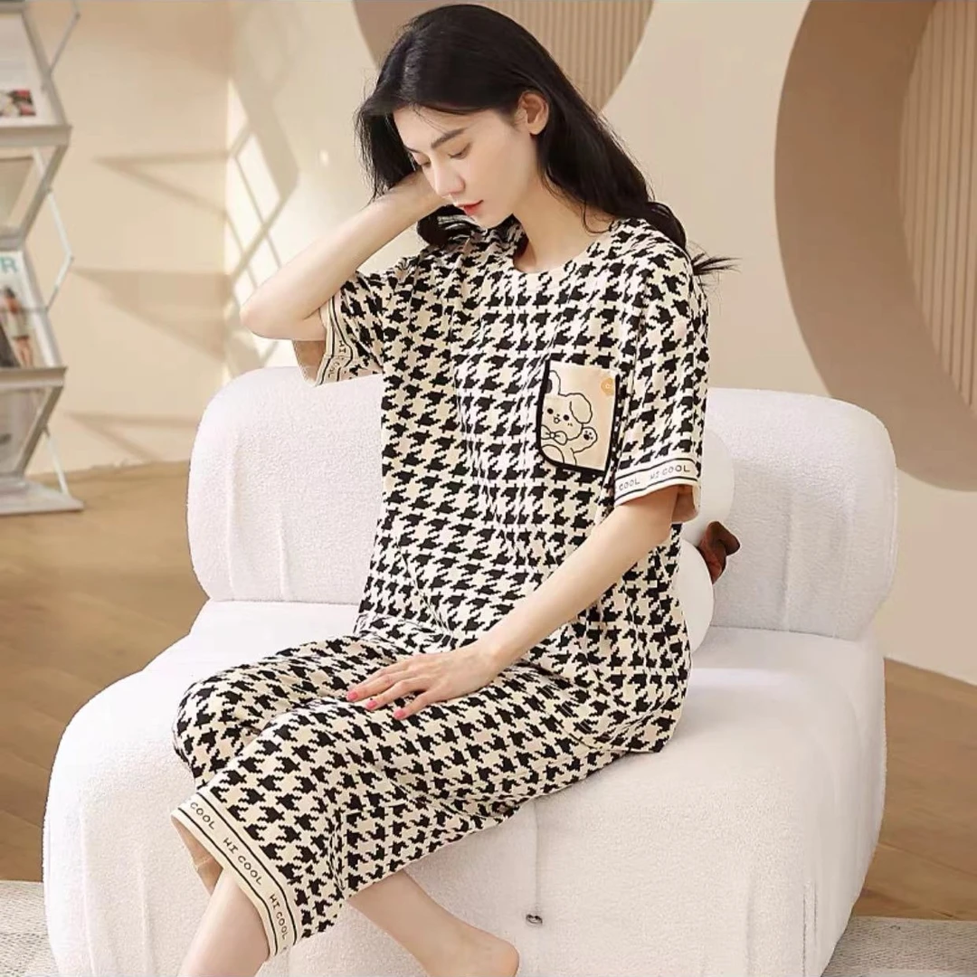 8072夏季女士带胸垫纯棉睡衣套装短袖八分裤睡衣女套装女士家居服