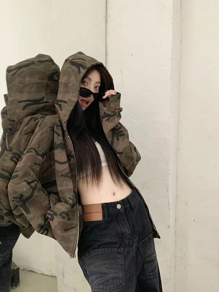 美式复古风迷彩连帽卫衣女秋季2024新款休闲百搭宽松显瘦拉链外套