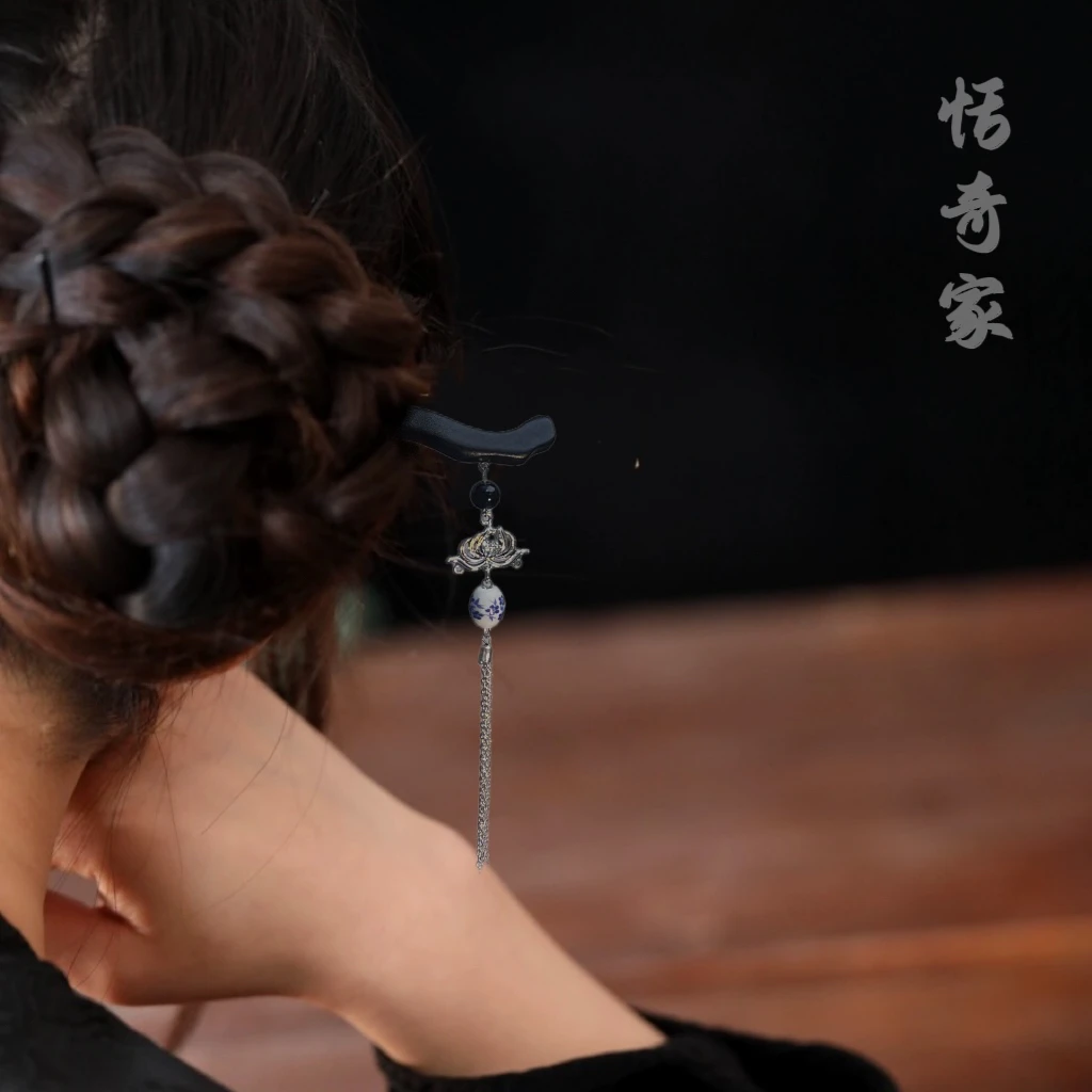 恬奇家“a783天青色”青花莲花白瓷高定木质发簪百搭手工新中式原创