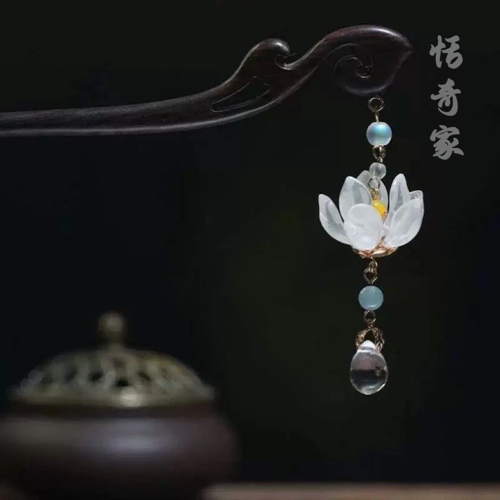 恬奇家a757“睡莲美人”高定白玉莲花清新木质发簪流苏日常简约