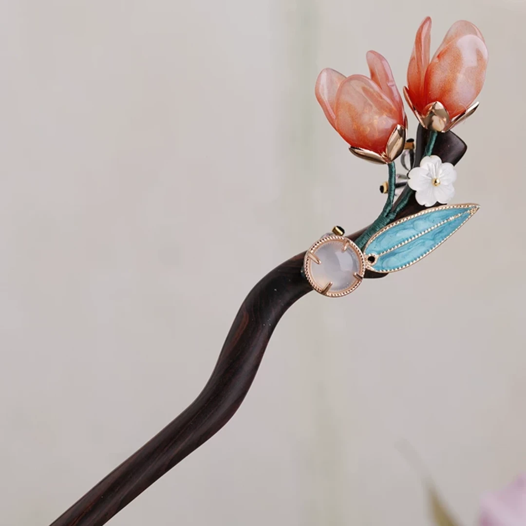 恬奇家a771“郁金香开”高定花朵木质发簪手工原创设计日常盘发