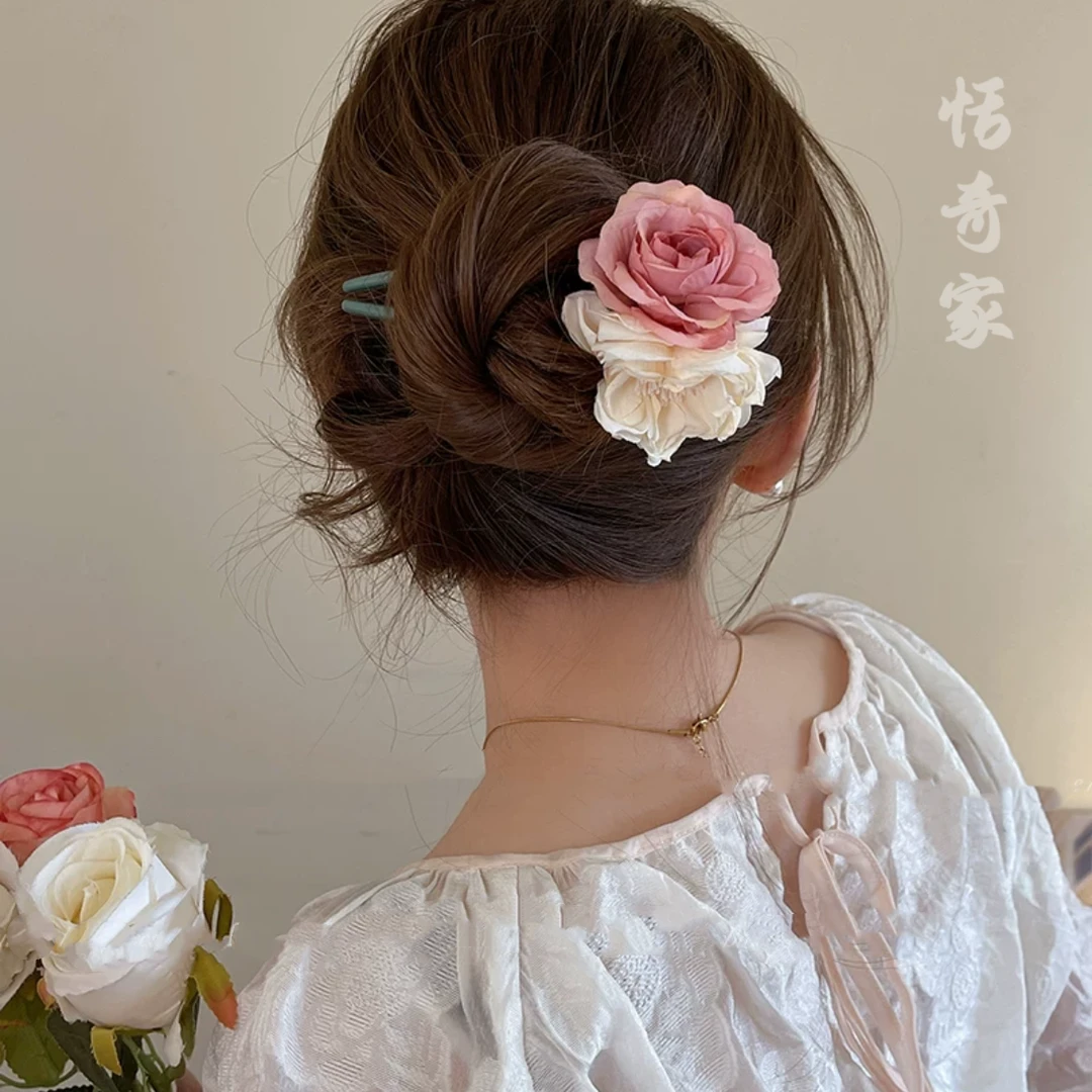 恬奇家4222“月季花发钗”高定u型发簪双钗新中式花朵春季古风头饰