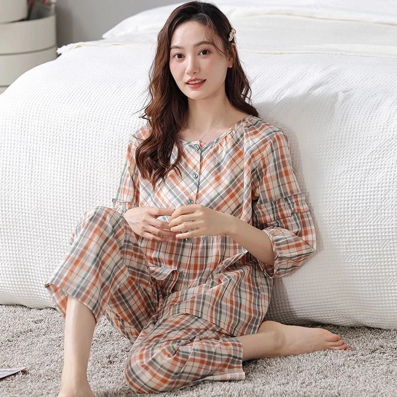 100%纯棉睡衣女士夏季文艺青年宽松短袖可外穿全棉家居服套装春