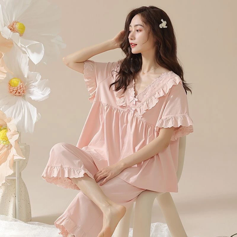 夏季薄款可外穿纯棉短袖七分裤套头睡衣女士宫廷风宽松大码家居服