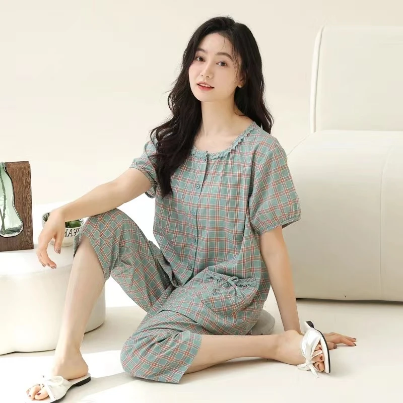 格子开衫夏季薄款纯棉短袖七分裤睡衣女新款中年妈妈家居服套装夏