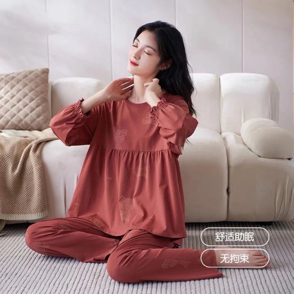 新款睡衣女春秋季纯棉秋冬长袖家居服酒红色大码宽松两件套装