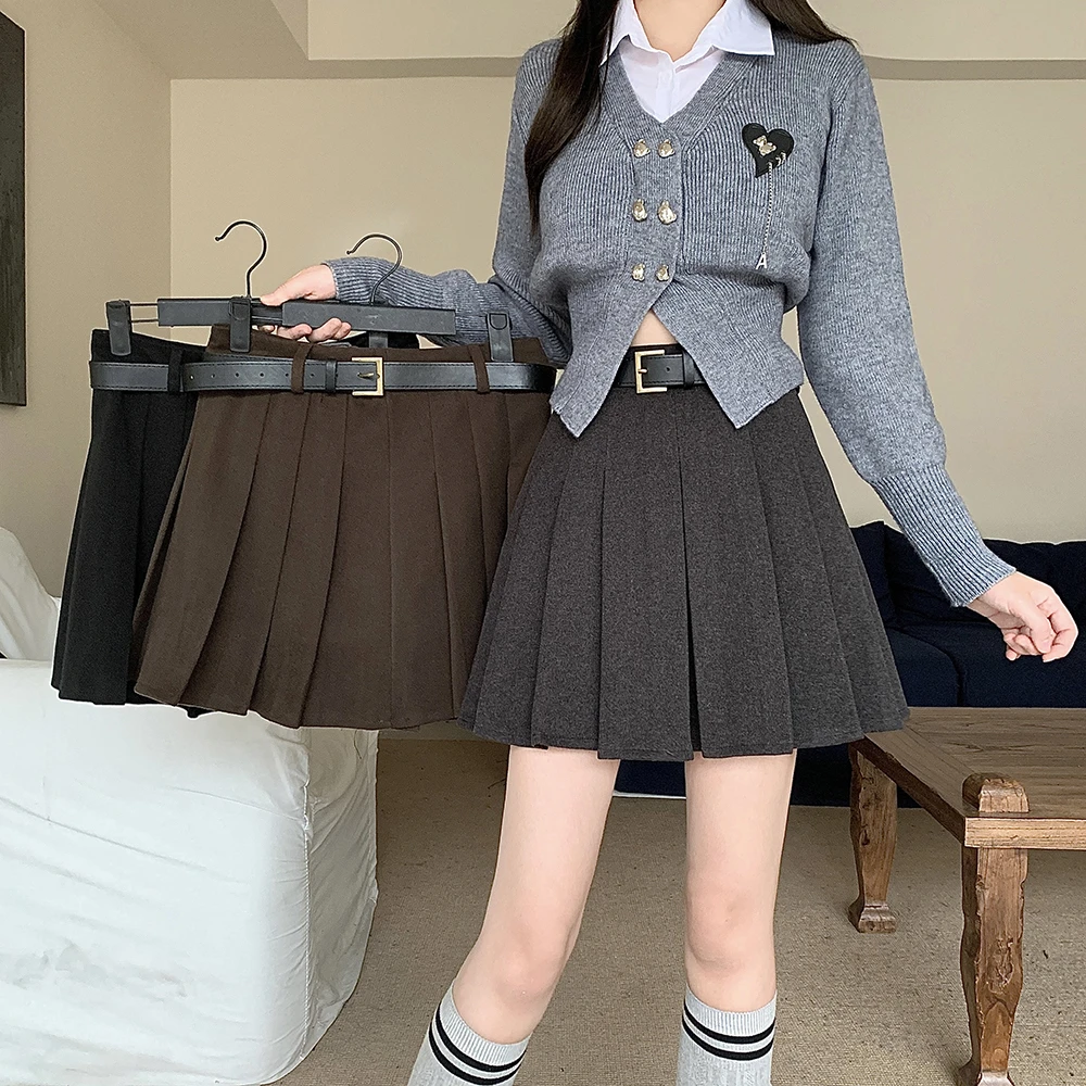 大码女装秋季新款港风复古校园风百褶裙收腰显瘦半身裙