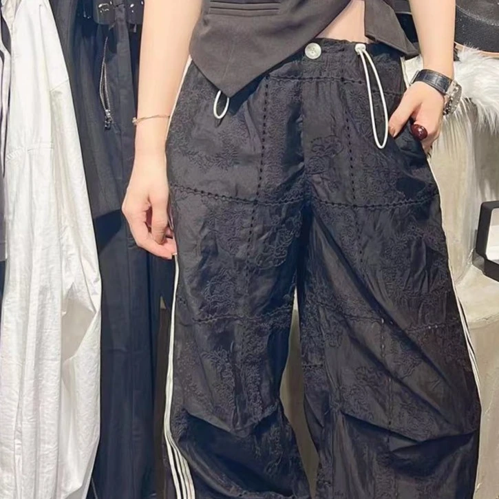 儒一宽松条纹蕾丝洞洞裤K2222