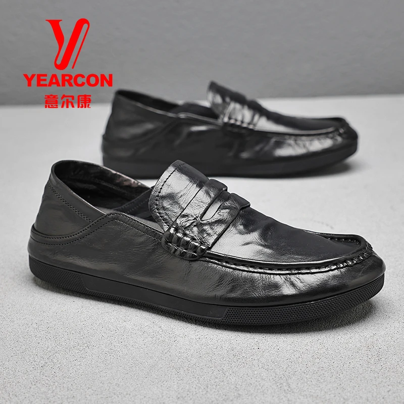 正品意尔康皮鞋男秋季新款豆豆休闲鞋男软面一脚蹬豆豆鞋黑色软底