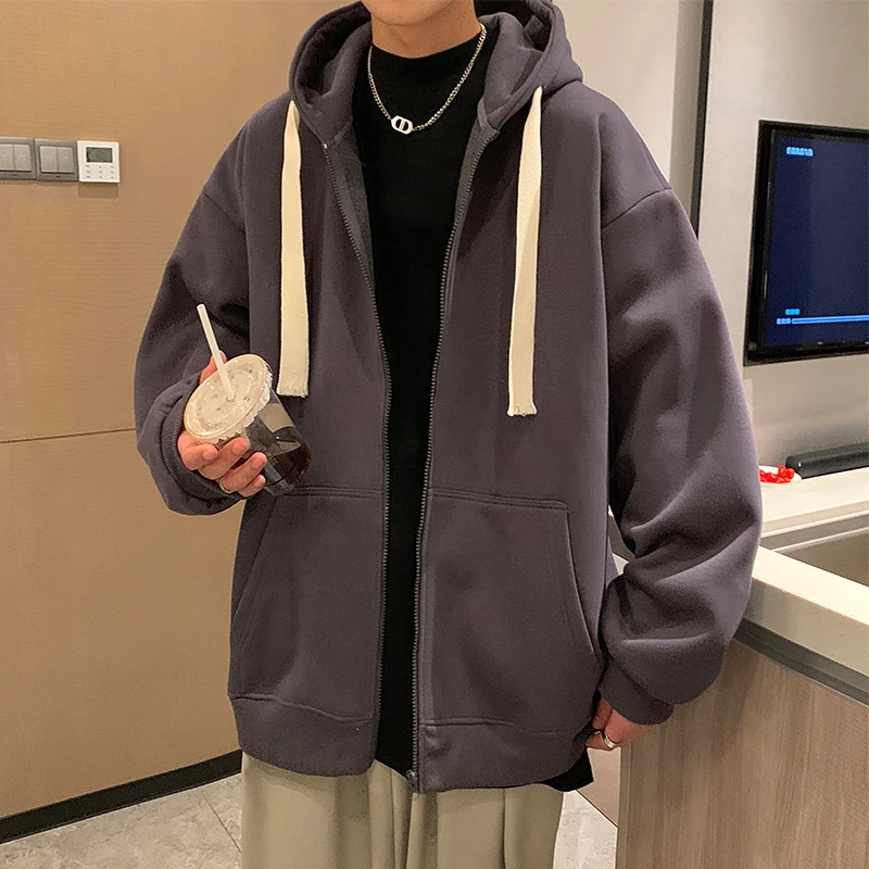 加绒加厚帽衫休闲百搭开衫纯色卫衣秋季秋冬季宽松港风ins韩版