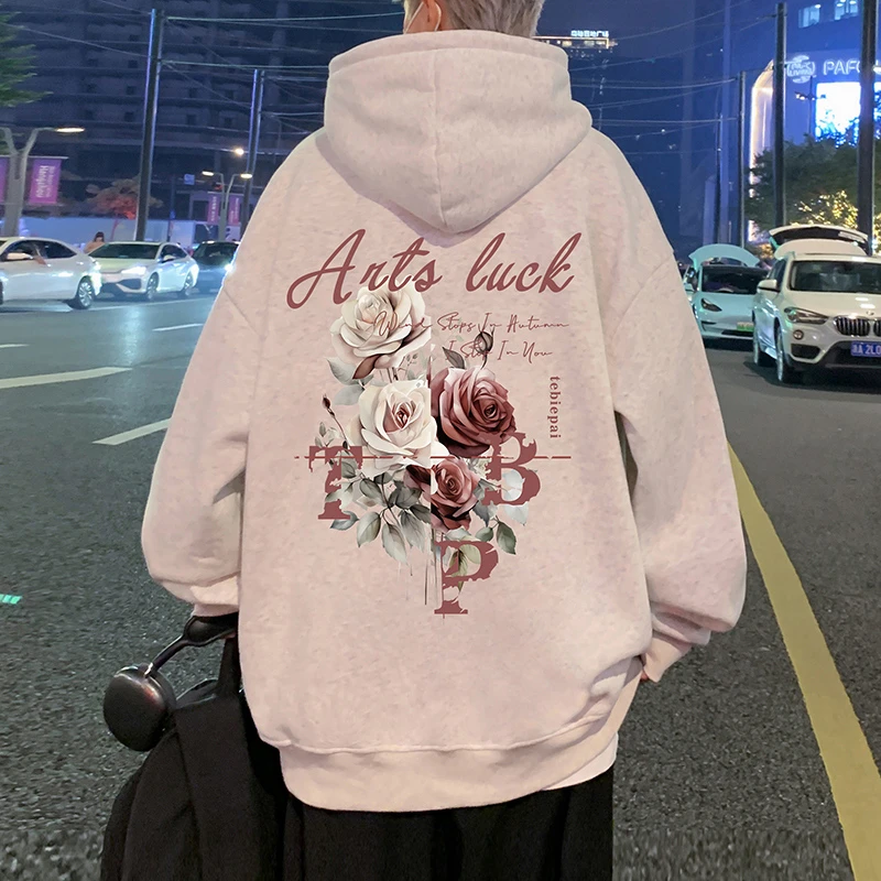 重磅纯棉连帽卫衣男春秋季新款美式花朵印花宽松休闲帽衫男装外套