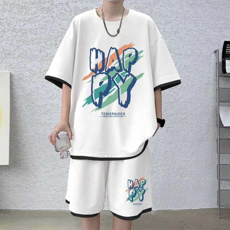 短袖T恤运动套装男美式字母跑步健身夏季2025新款休闲短裤两件套