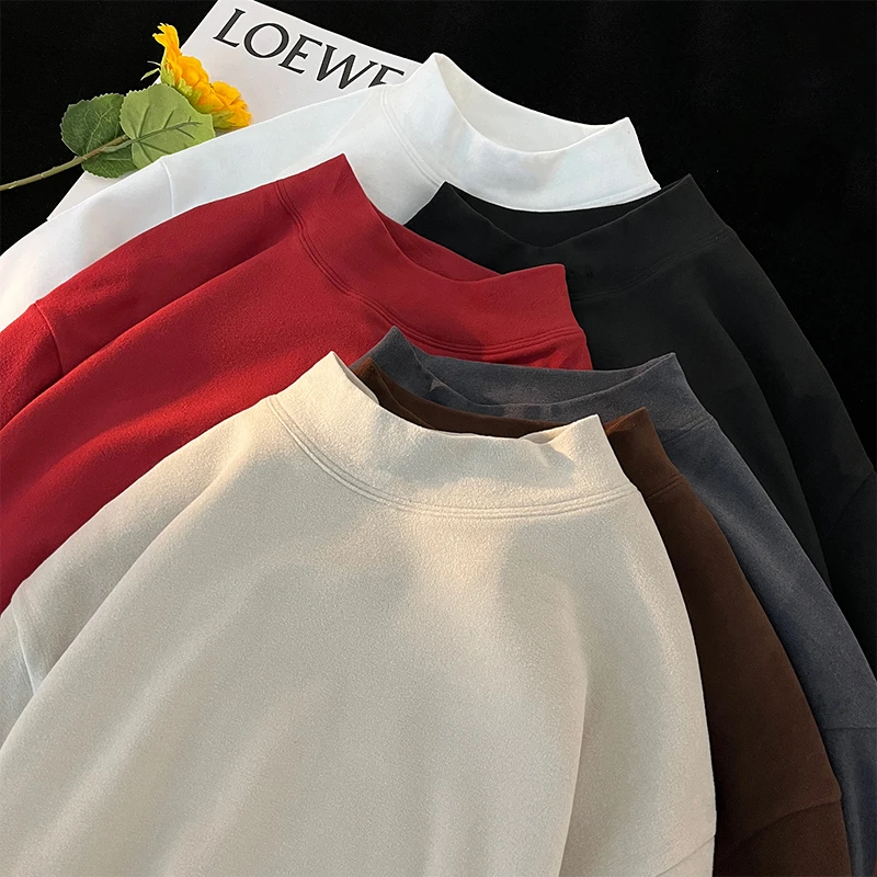 德绒半高领打底衫男秋冬季简约休闲保暖内搭宽松潮流长袖体恤衫