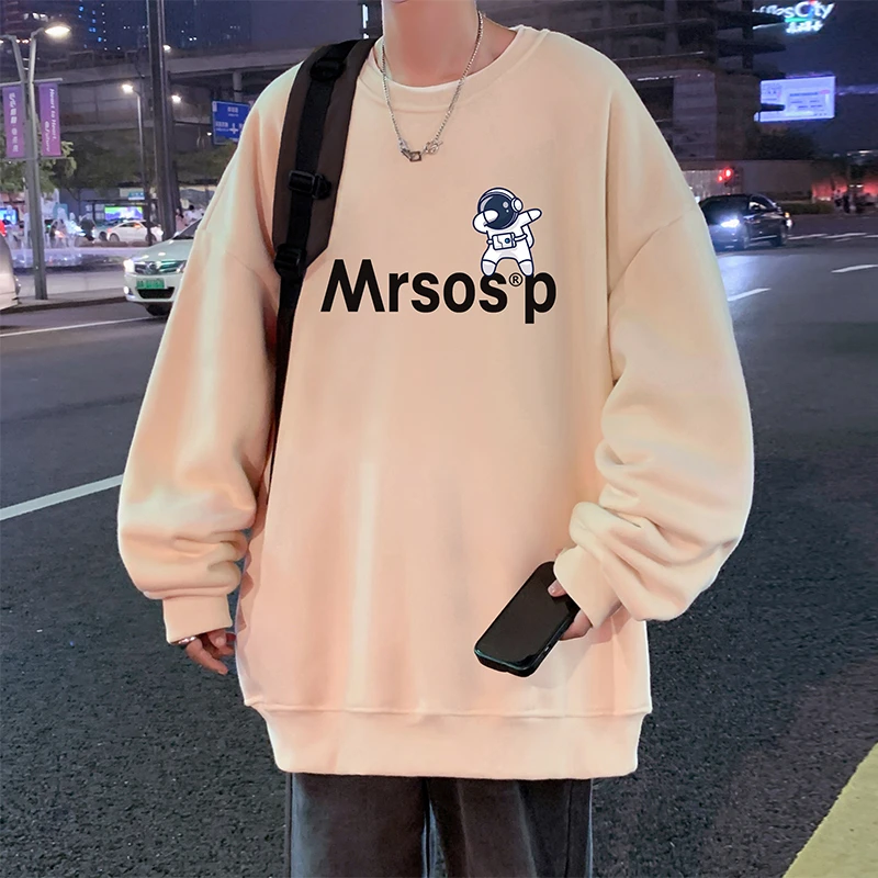 秋冬季加绒加厚保暖圆领卫衣男宽松潮流卡通印花套头内搭长袖上衣