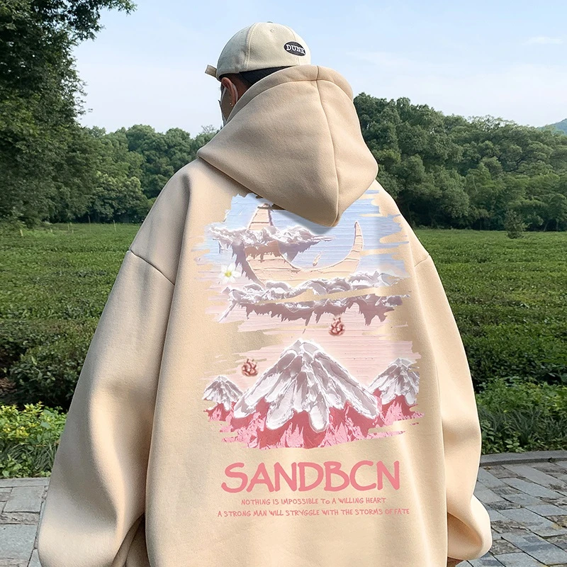 @潮流小清新印花美式宽松连帽卫衣男秋季新款情侣装休闲帽衫服