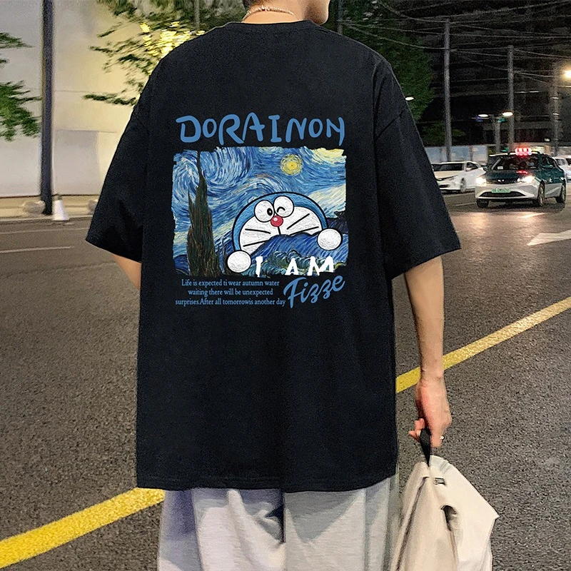 棉质圆领短袖t恤男夏季潮流薄款宽松休闲半袖趣味卡通印花体恤