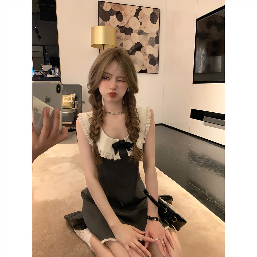 STT网红小众高级感西装料短款连衣裙女夏季减龄显瘦蝴蝶结裙子