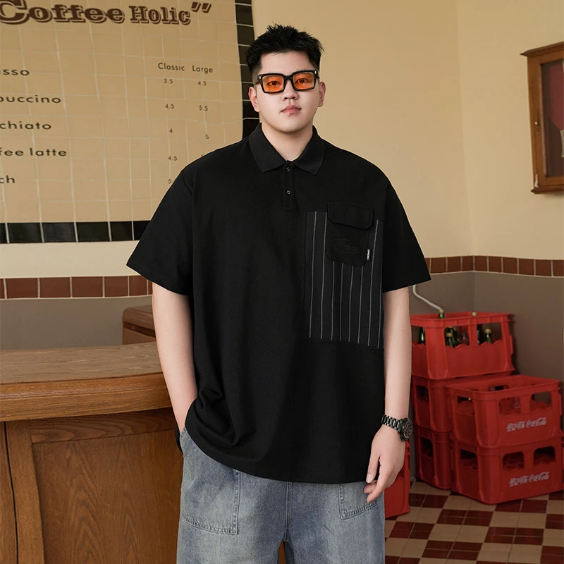 潮牌大码男装夏季高级感拼接翻领polo衫短袖百搭胖子宽松加肥加大