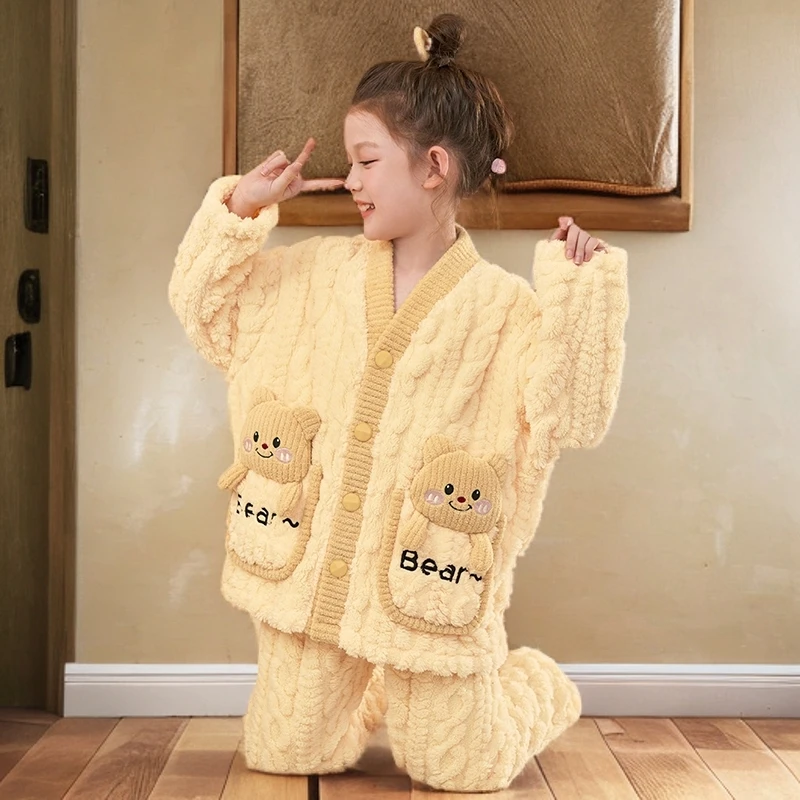 女童睡衣法兰绒秋冬季加绒加厚公主开衫儿童家居服大童套装珊瑚绒