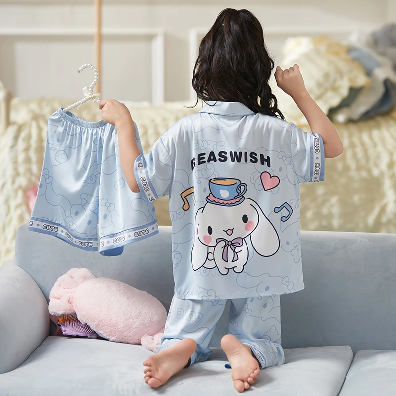 儿童睡衣夏季冰丝薄款三件套装女童短袖长裤中大童女孩洋气家居服