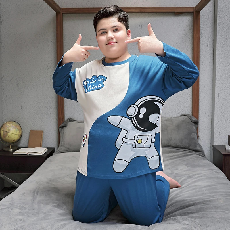 高档100%纯棉全棉男童睡衣儿童2024新款胖男孩12到15岁春秋季长袖