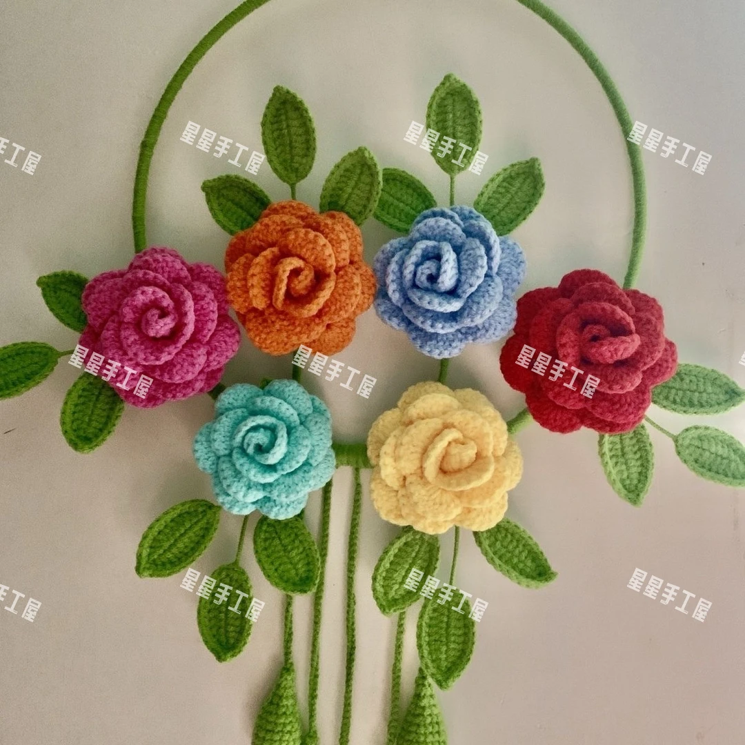 成品纯手工钩织毛线彩色玫瑰花环挂墙上送朋友闺蜜装饰节日送礼物